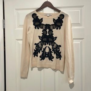 Diane von Furstenberg cream sweater with black lace  Merano wool with spandex